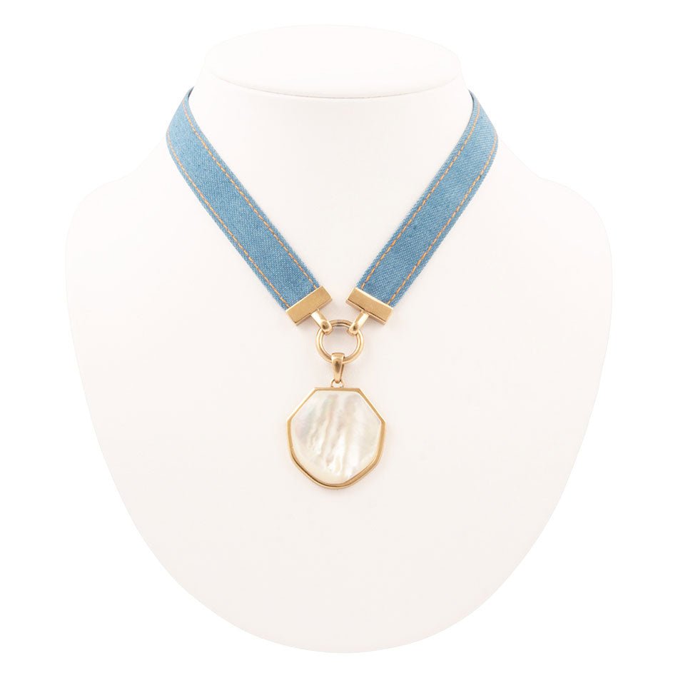 Blue Dreams White Mother of Pearl Ribbon Golden Pendant Necklace