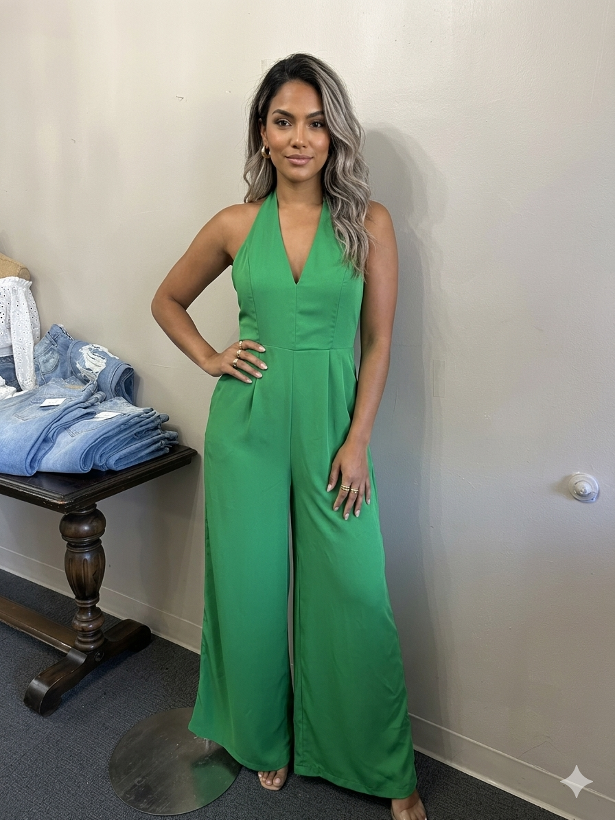 Emerald Green Halter Neck Wide-Leg Jumpsuit with Open Back Tie Detail Set