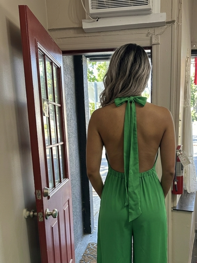 Emerald Green Halter Neck Wide-Leg Jumpsuit with Open Back Tie Detail Set