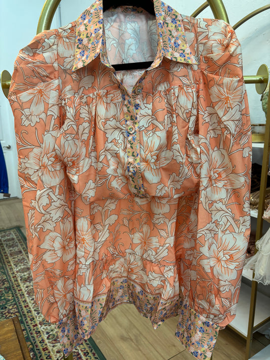 Flora Long Sleeve Button Up Skirt Set - Peach