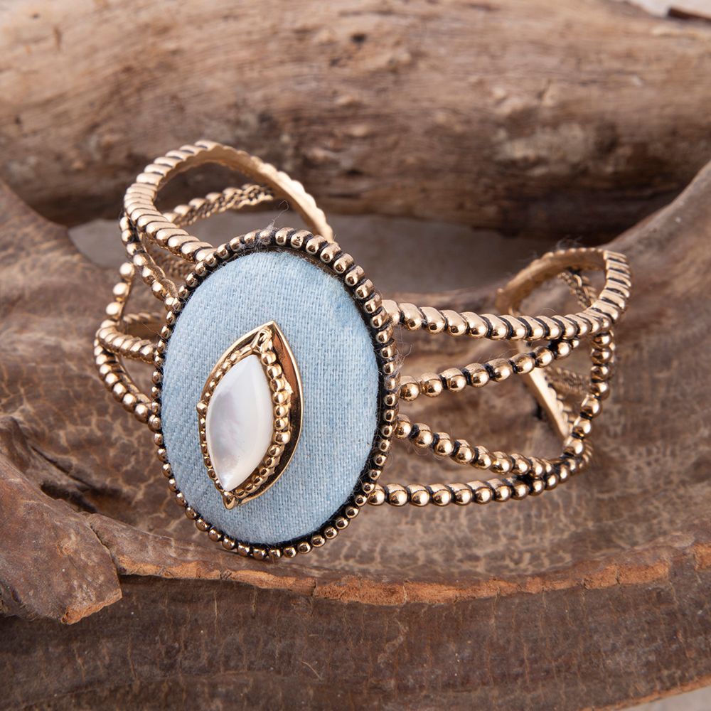 Blue Dreams White Mother of Pearl Golden Cuff Bracelet