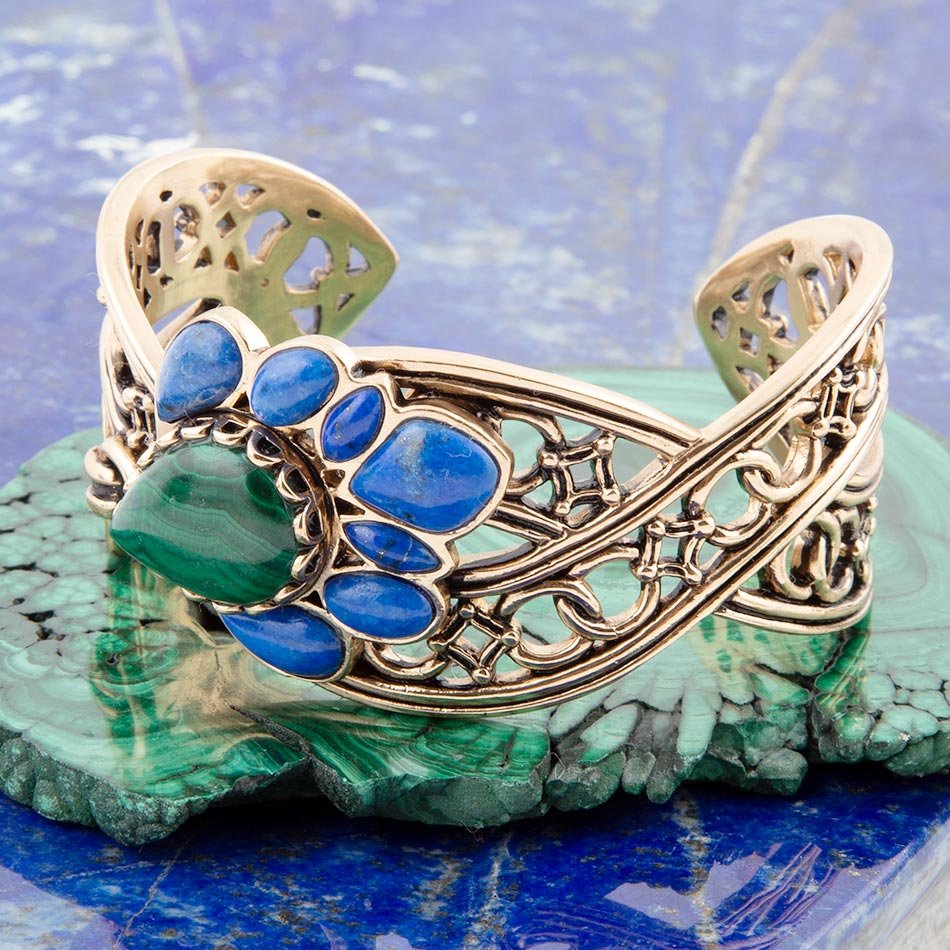 Cognate Green Malachite and Blue Lapis Golden Cuff Bracelet