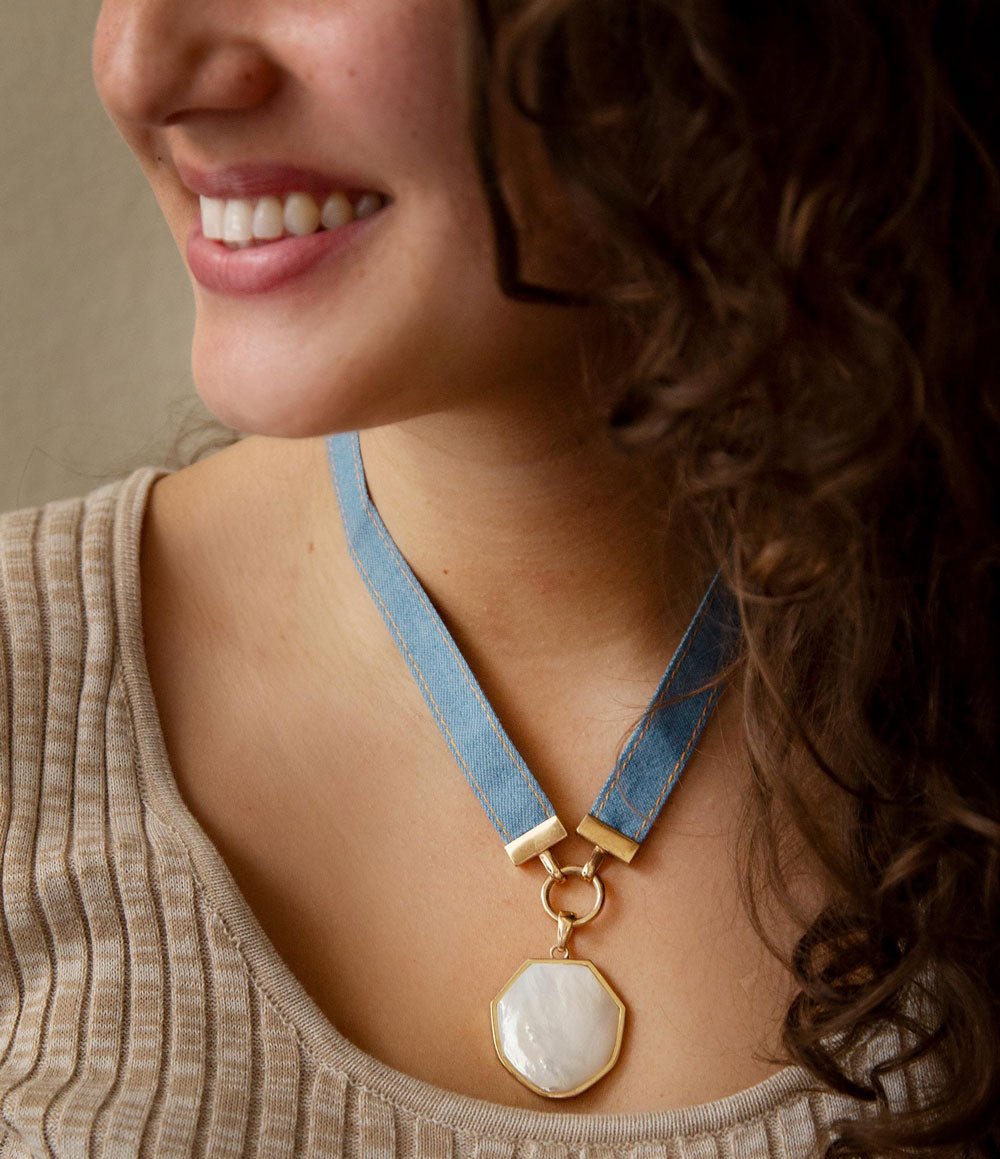 Blue Dreams White Mother of Pearl Ribbon Golden Pendant Necklace