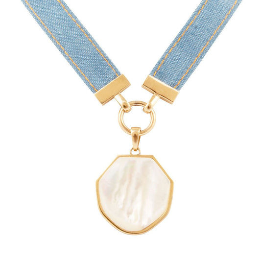 Blue Dreams White Mother of Pearl Ribbon Golden Pendant Necklace