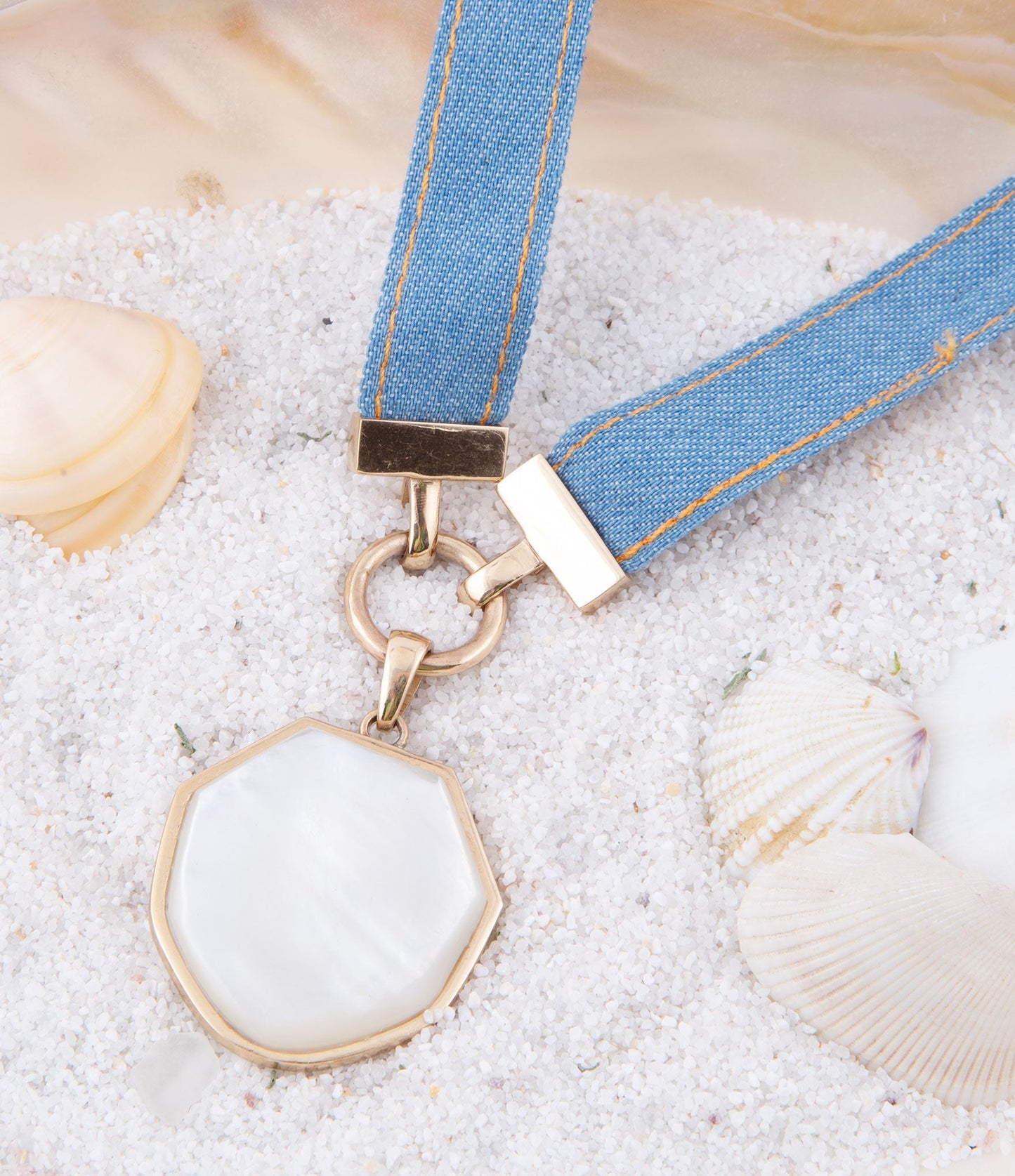 Blue Dreams White Mother of Pearl Ribbon Golden Pendant Necklace
