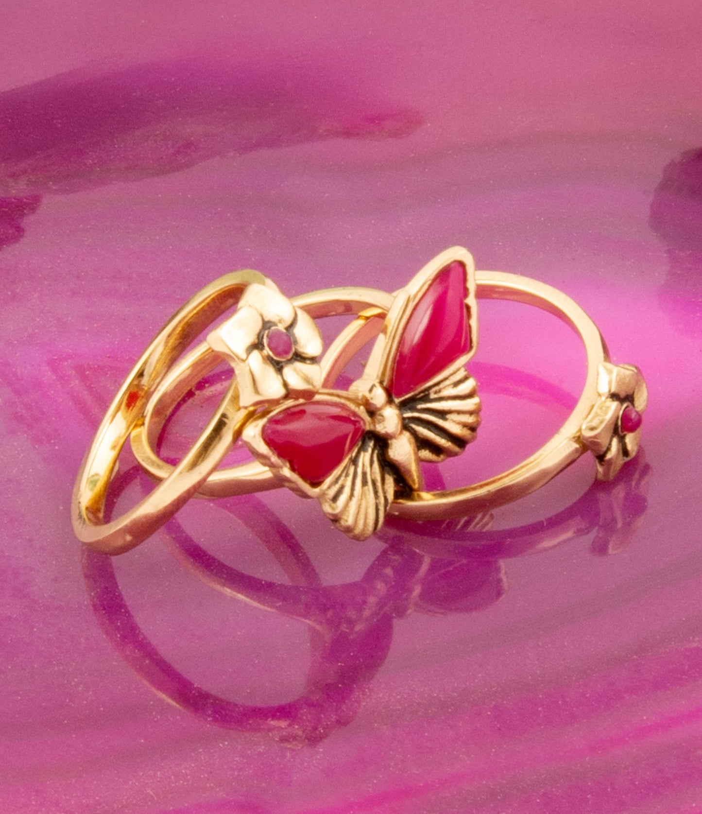 Pink Fuchsia Agate Golden Butterflies Triple Ring