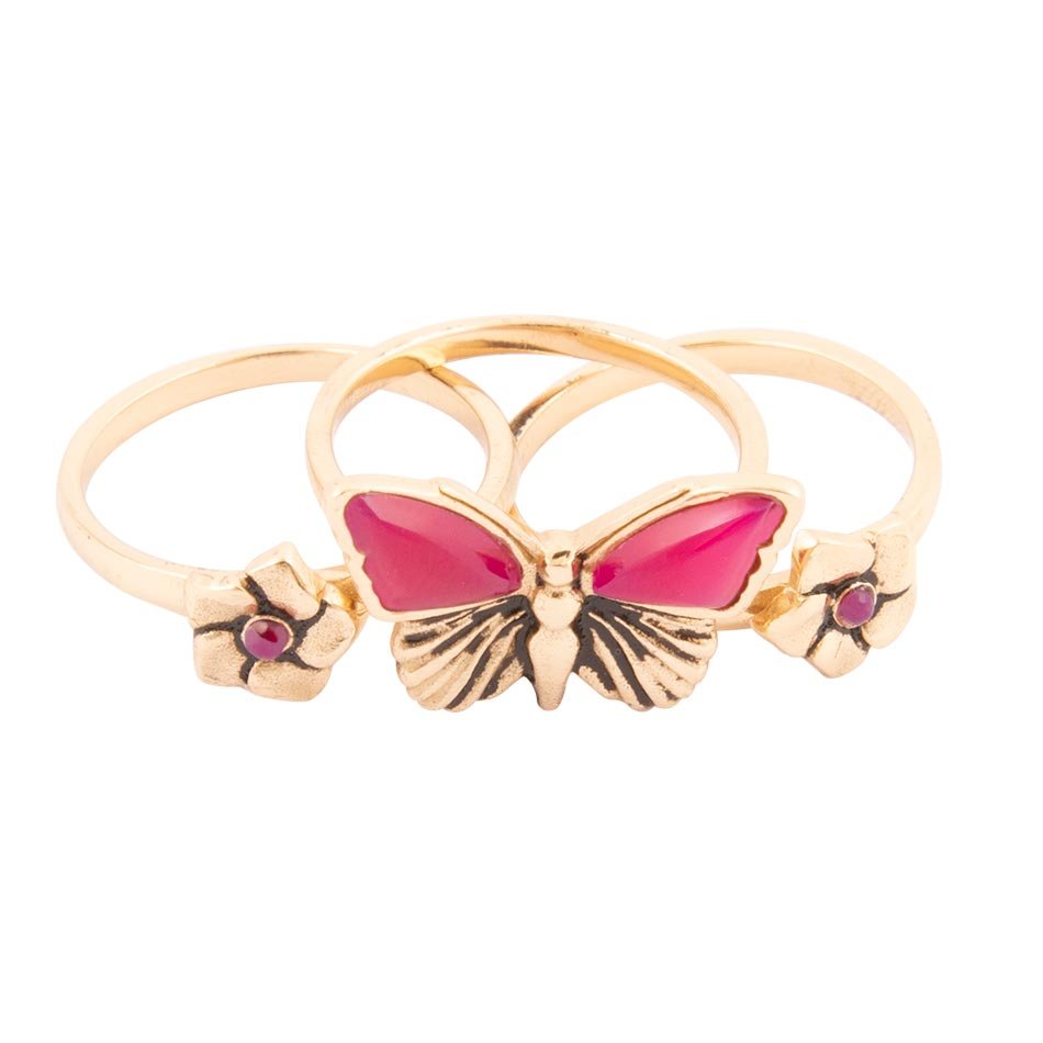 Pink Fuchsia Agate Golden Butterflies Triple Ring