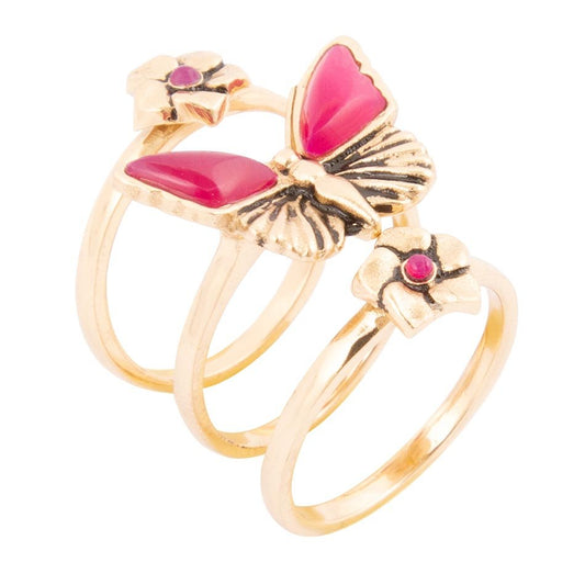 Pink Fuchsia Agate Golden Butterflies Triple Ring