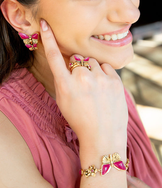 Pink Fuchsia Agate Golden Butterflies Triple Ring