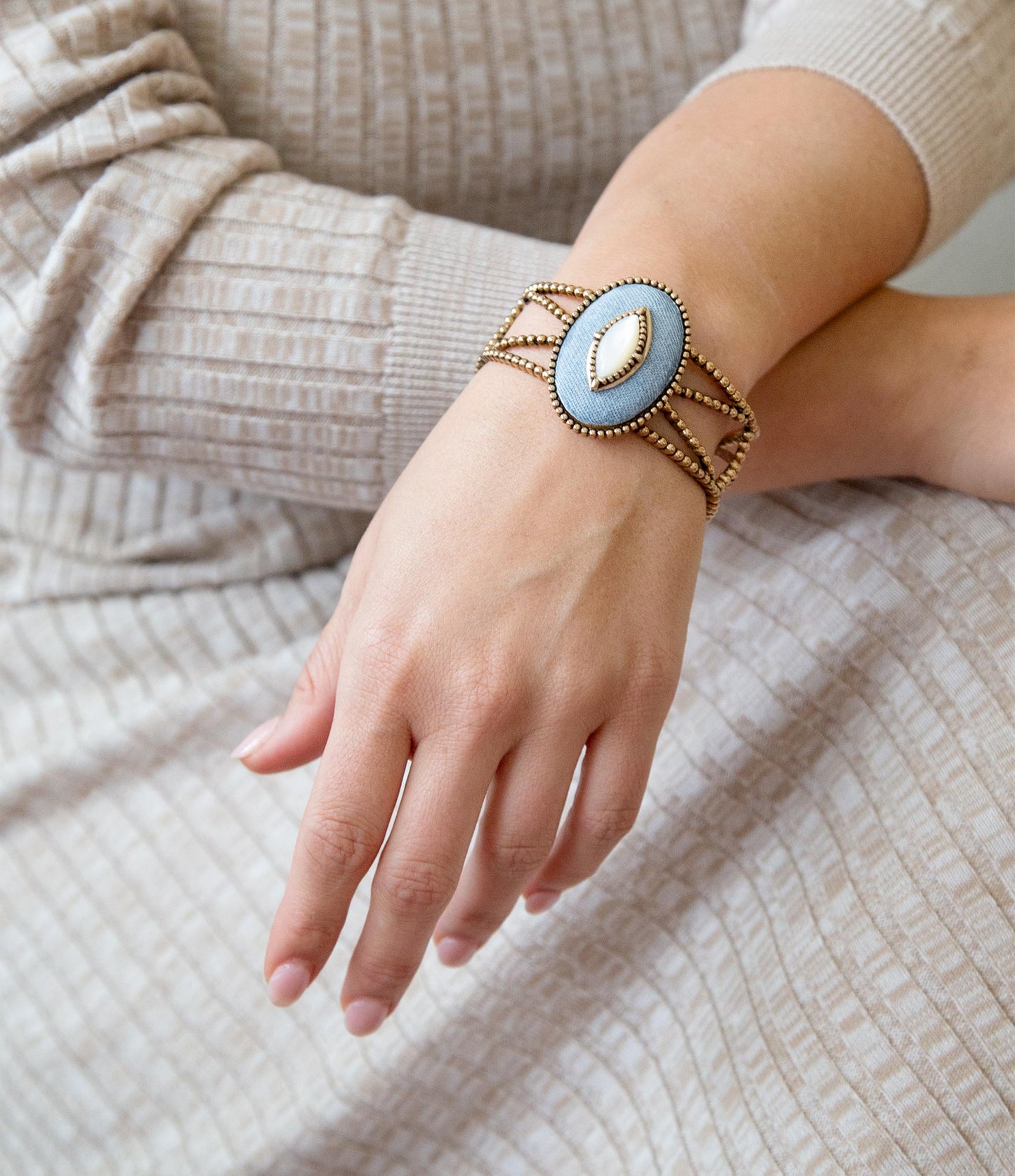 Blue Dreams White Mother of Pearl Golden Cuff Bracelet