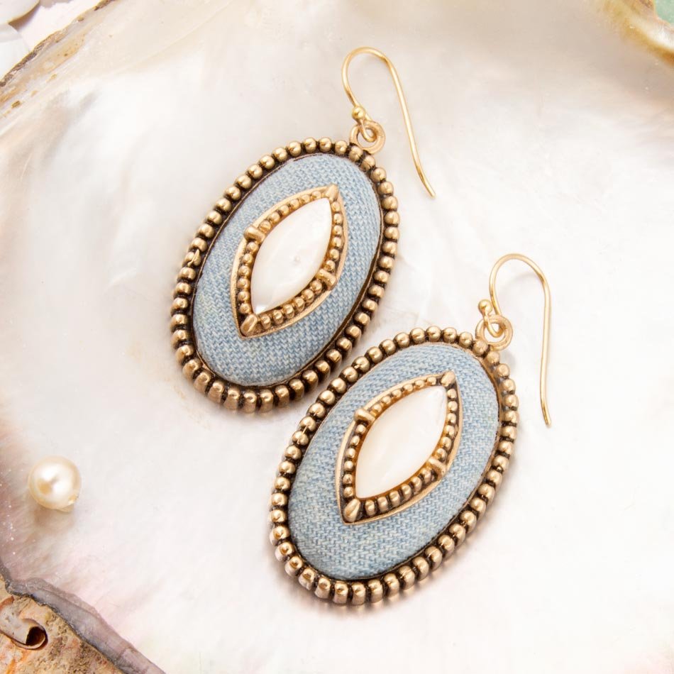 Blue Dreams White Mother of Pearl Golden Drop Earrings