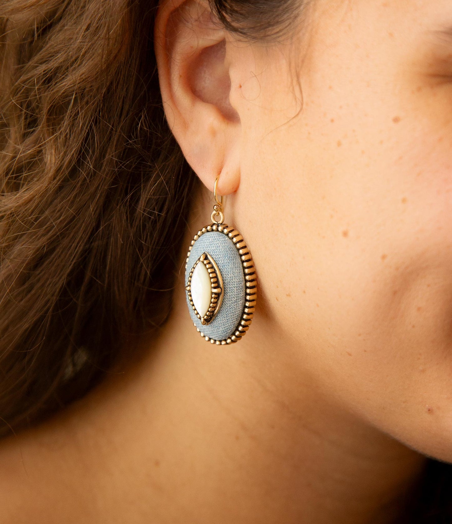Blue Dreams White Mother of Pearl Golden Drop Earrings